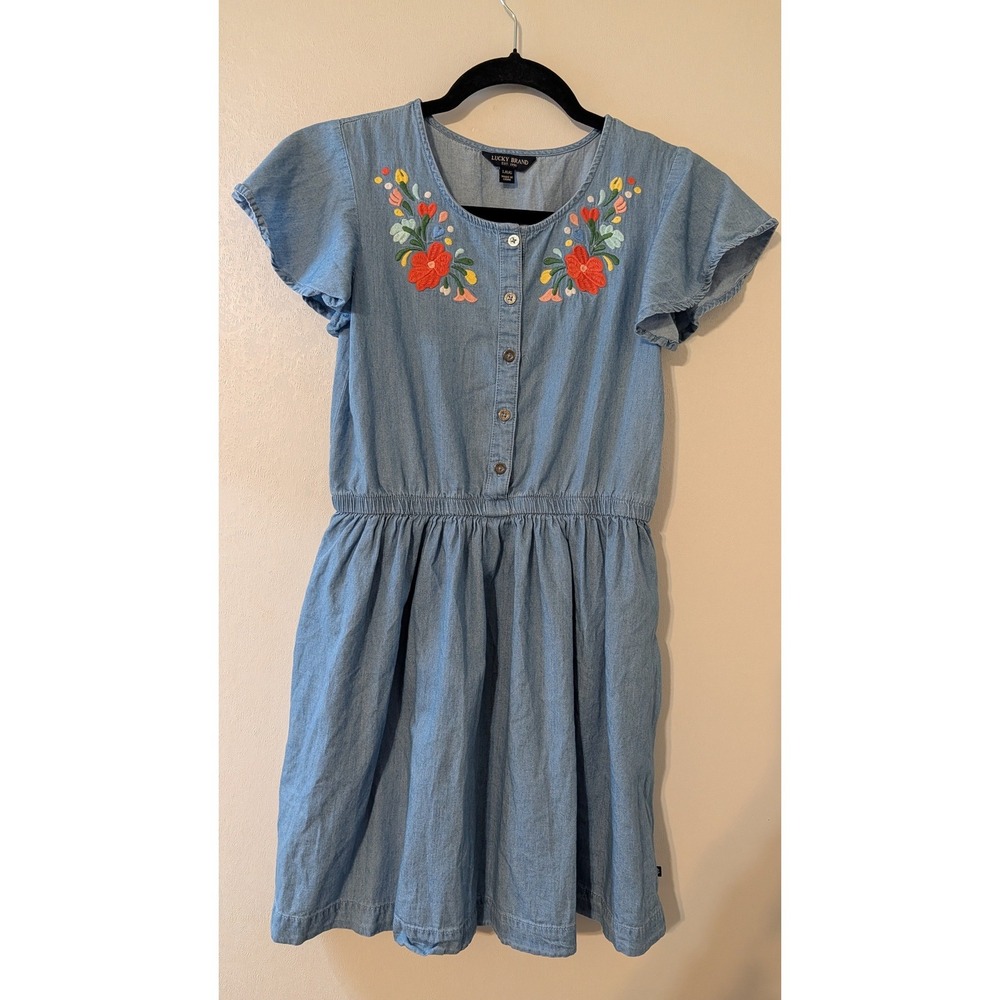 Lucky Brand Girls Blue Chambray Embroidered Floral Dress Flutter Sleeve Large 12